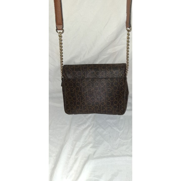 CK Calvin Klein Susan Saffiano Leather Signature Crossbody Bag Brown Monogram - Picture 2 of 10